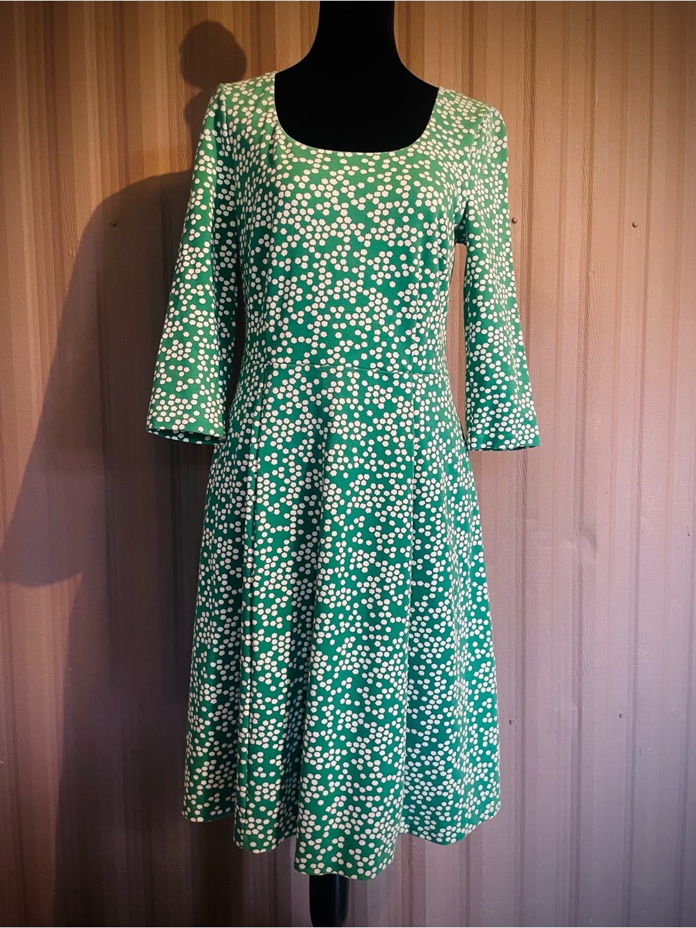 BODEN Julianna Ponte Dress 3/4 Sleeve Fit Flare US 8R Green White Midi Pockets - Picture 7 of 13